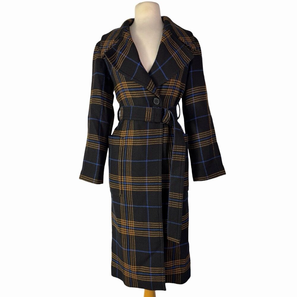 Aritzia Babaton Black Tartan Plaid Italian Wool Belted Long Trench Coat  XXS